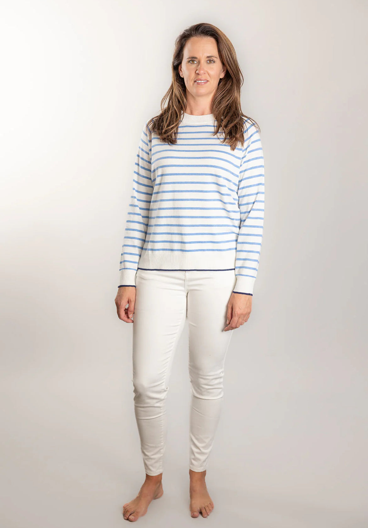 COTTON CASHMERE CREW- BLUE STRIPE