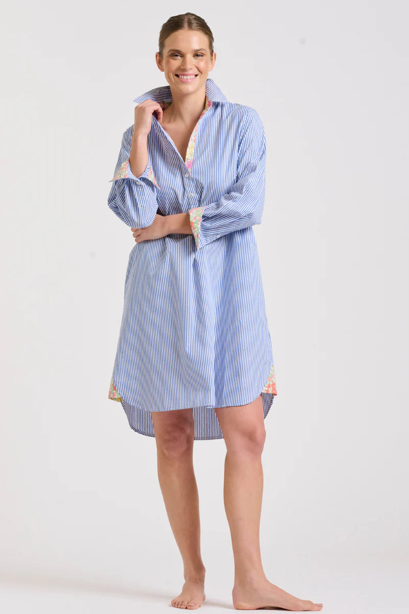 POPOVER SHIRT DRESS- BLUE STRIPE