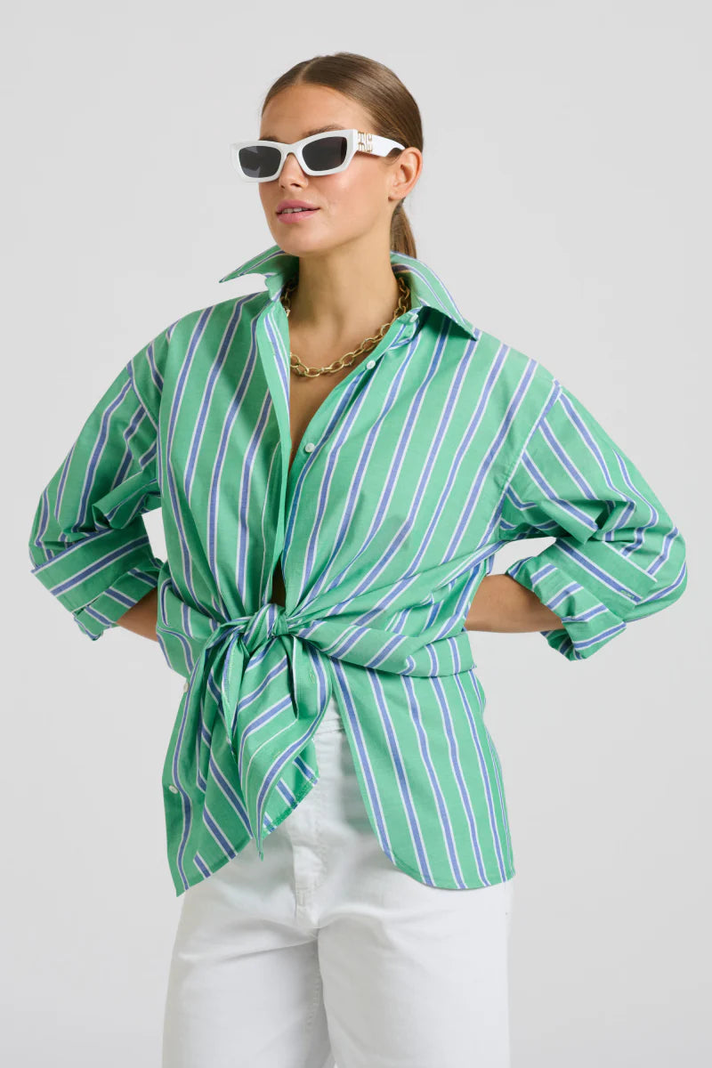 BOYFRIEND SHIRT- GREEN/BLUE STRIPE