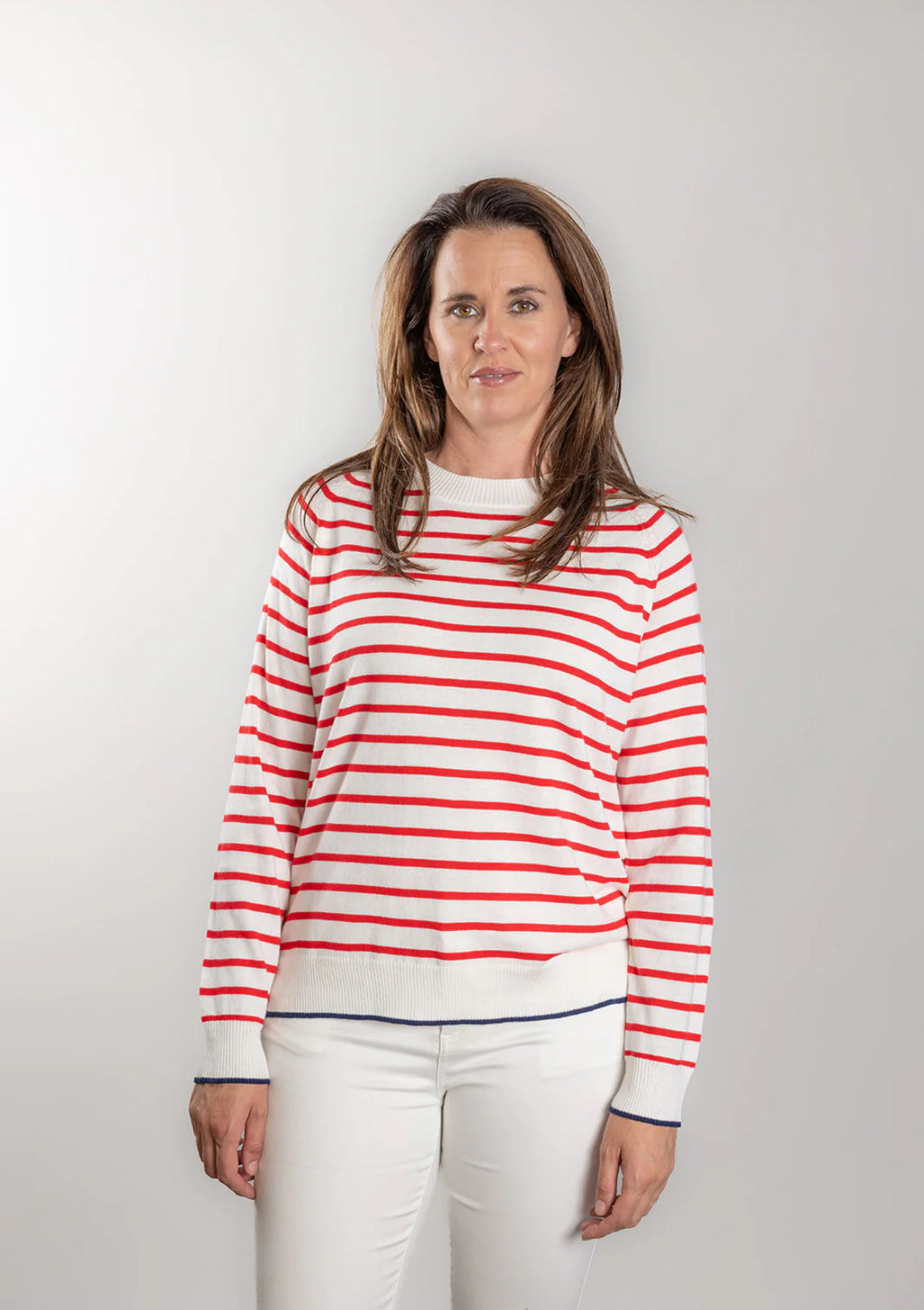 COTTON CASHMERE CREW- RED STRIPE