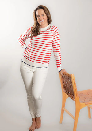 COTTON CASHMERE CREW- RED STRIPE