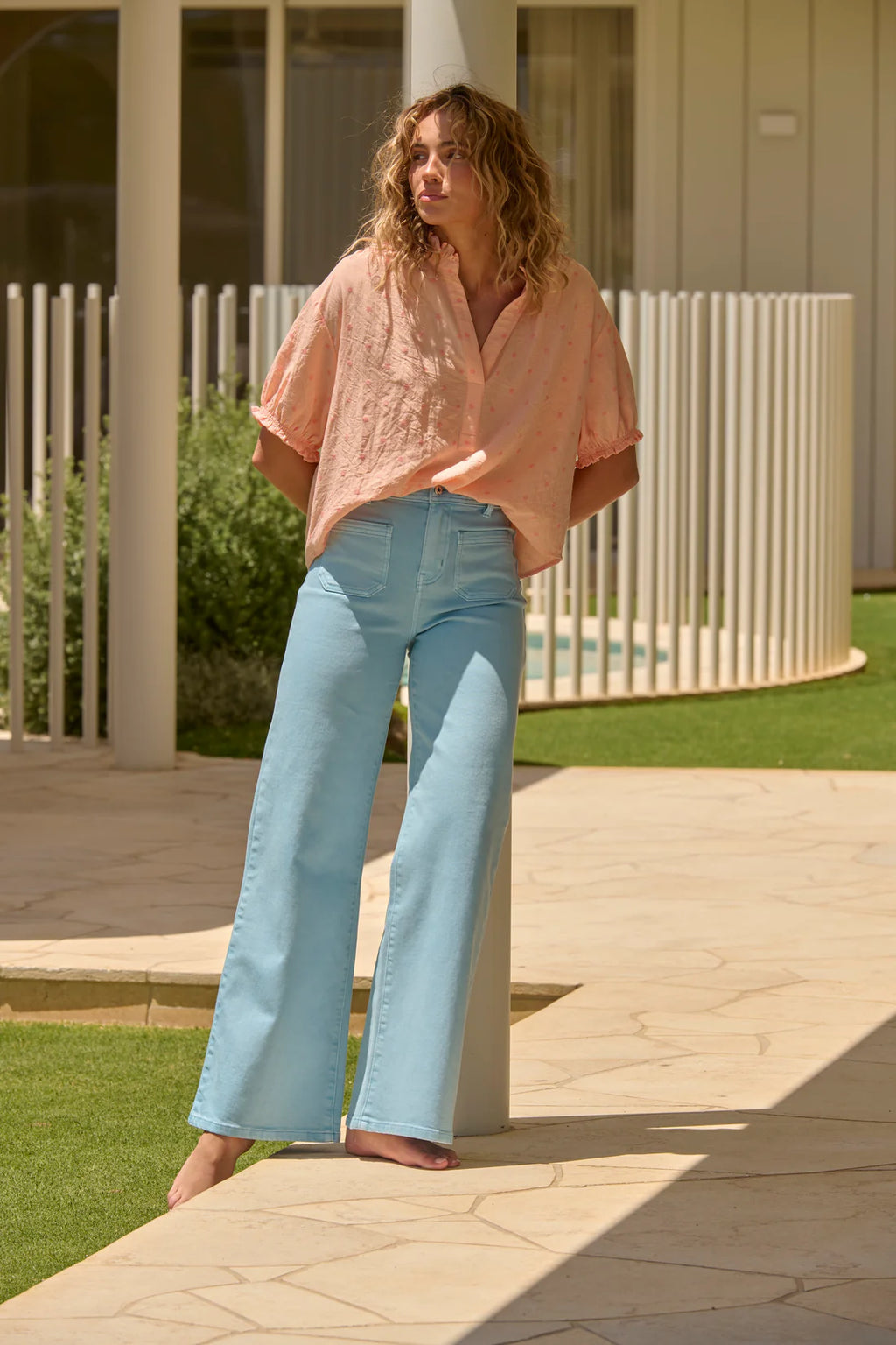 SARA SHIRT-PEACH WITH PINK DOTS