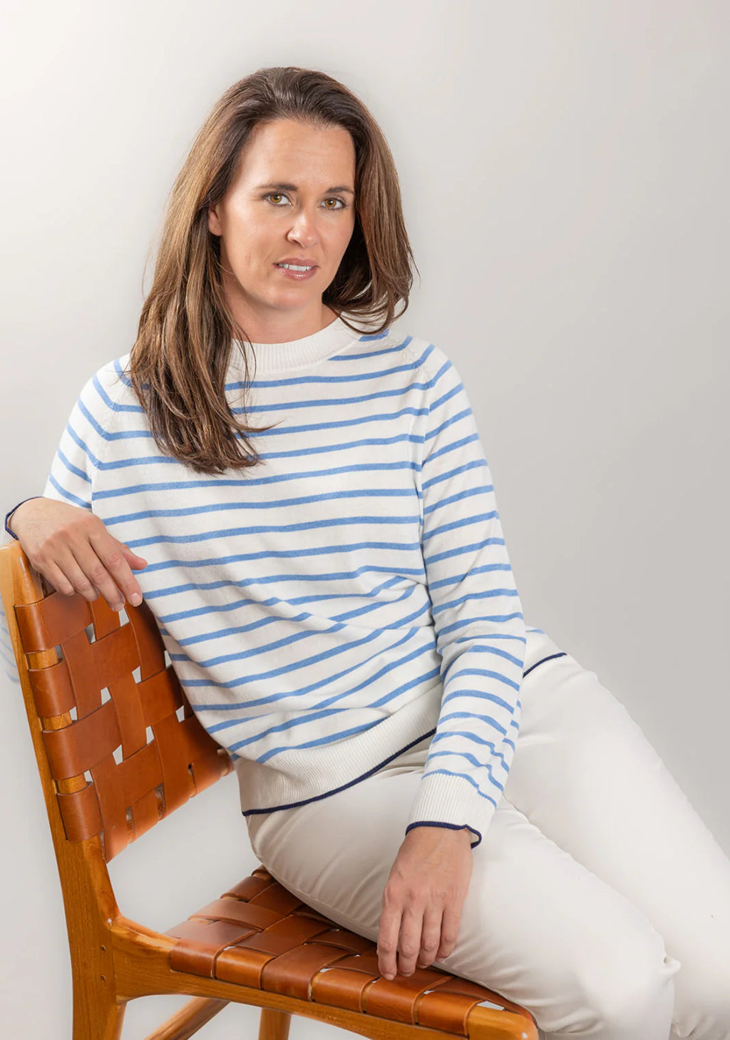 COTTON CASHMERE CREW- BLUE STRIPE