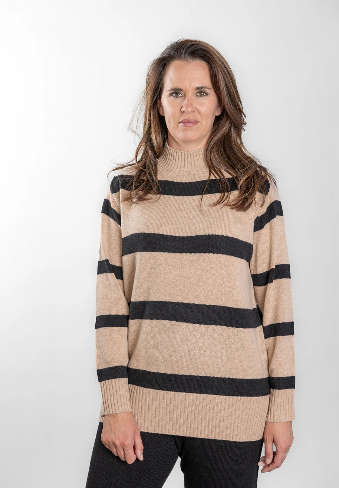 POLO NECK JUMPER- CAMEL & BLACK STRIPE