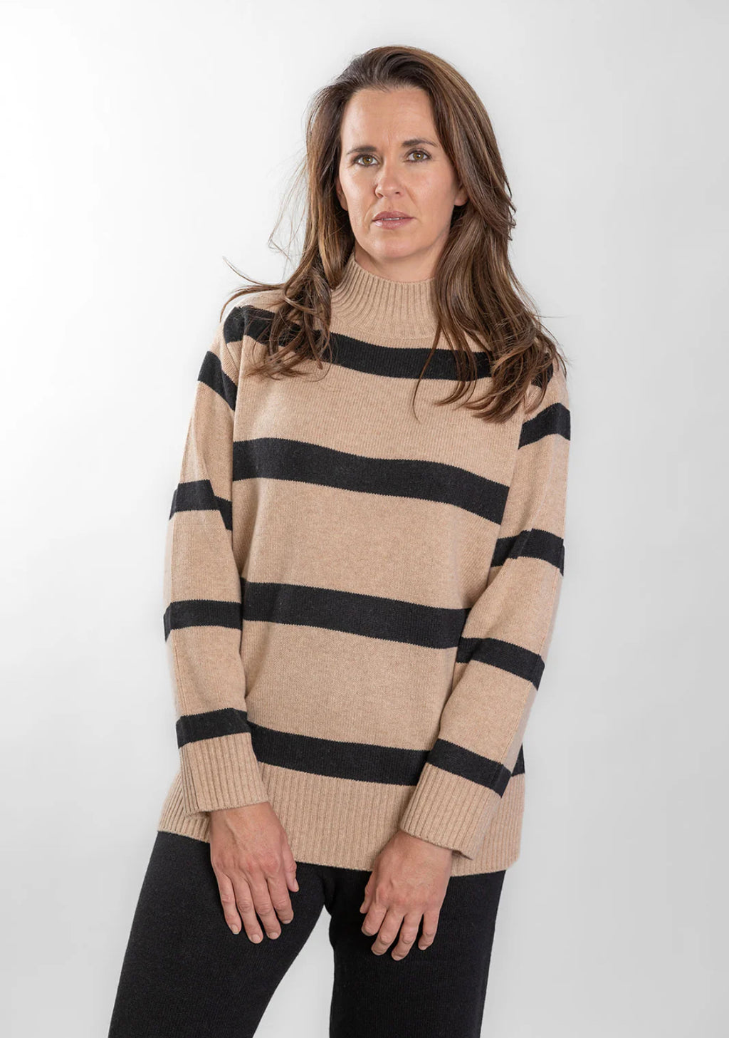 POLO NECK JUMPER- CAMEL & BLACK STRIPE