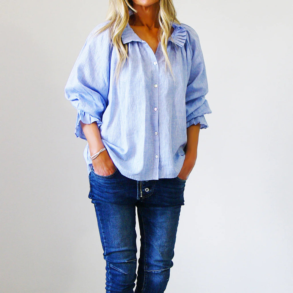 SAMMI LINEN SHIRT- CHAMBRAY & WHITE