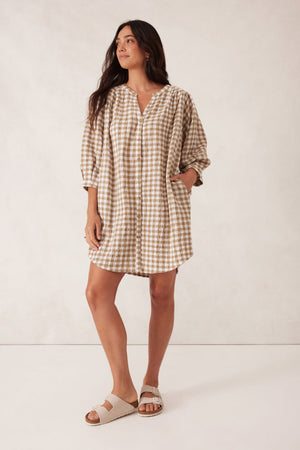 CRINKLE MINI DRESS- FIG GREEN GINGHAM