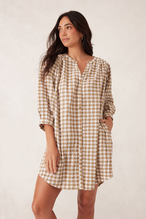 CRINKLE MINI DRESS- FIG GREEN GINGHAM