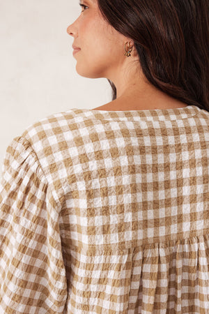 CRINKLE MINI DRESS- FIG GREEN GINGHAM